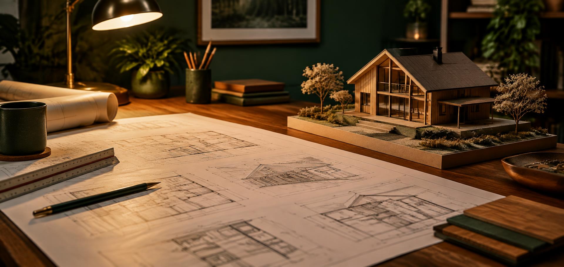 Ritningar och en skalenlig modell av ett trähus på ett ritbord
